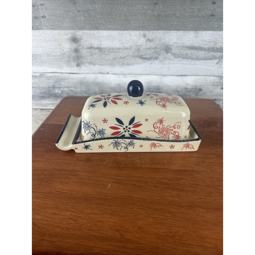 Temptations By Tara Butter Dish In Blue Firework Floral Motif